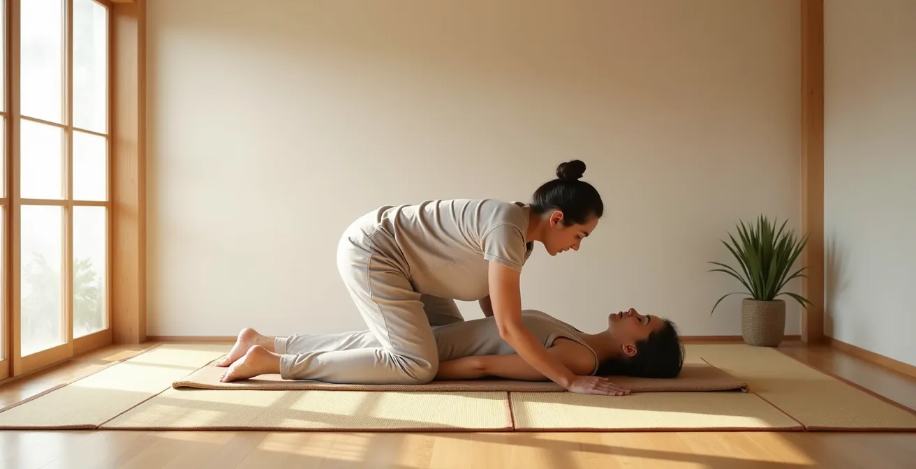 Shiatsu practitioner performing deep hip stretch on client using floor mat leverage