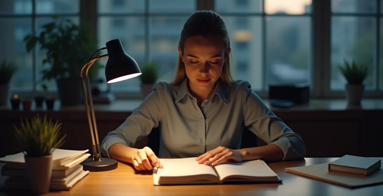 Professional performing end-of-day workplace shutdown ritual with organized desk transition