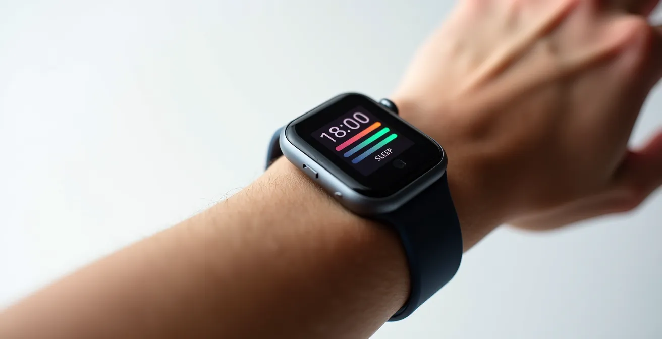 Close-up of wrist with fitness tracker showing sleep stage graphs