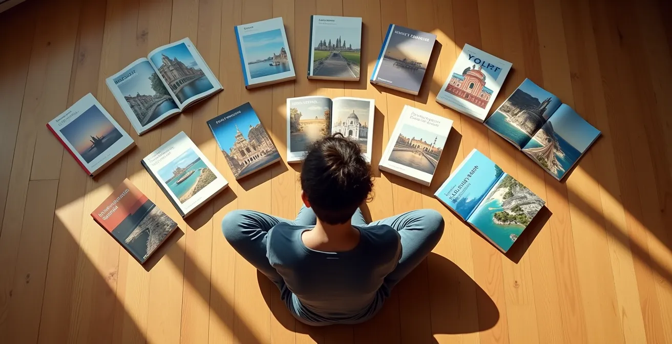 Person studying world map with varying difficulty zones highlighted, representing the choice of a challenging travel destination.