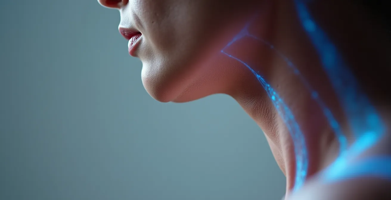 Extreme close-up of neck and throat area showing vagus nerve pathway visualization
