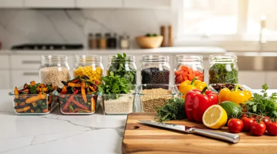 Professional kitchen counter displaying organized whole food ingredients and glass meal prep containers