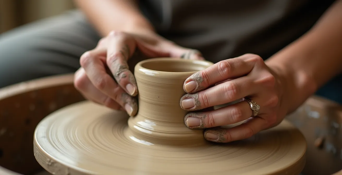 Close-up of hands shaping clay on pottery wheel with visible imperfections