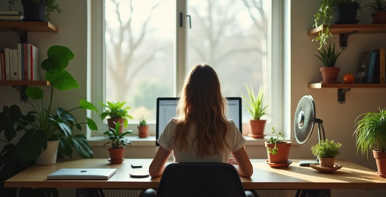 A home office with strategically placed plants, their leaves showing subtle movement from the room's gentle air circulation.