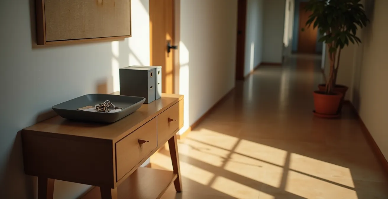 Organized entryway with minimal processing station for mail and items