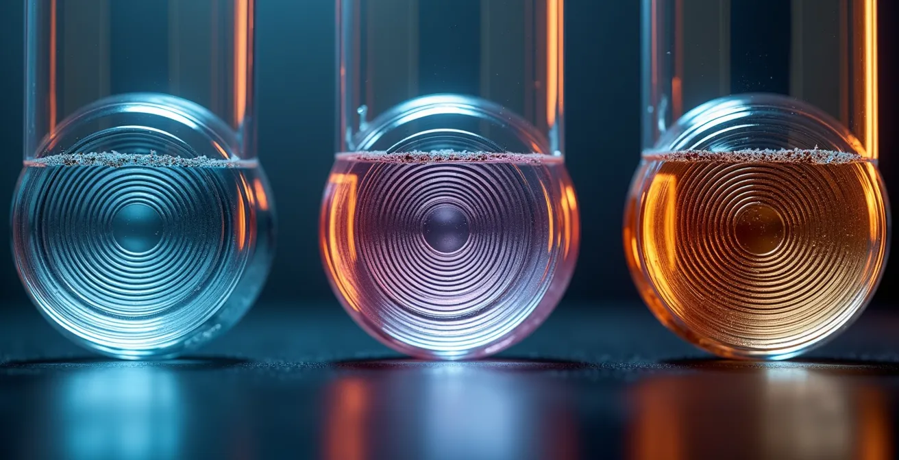 Macro shot of three different sound wave patterns visualized through water ripples showing varying frequencies