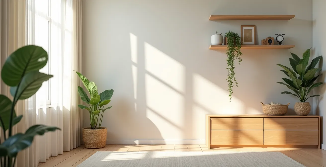 A room designed with high wall-mounted shelves and low credenzas, leaving the middle zone completely open for optimal airflow.
