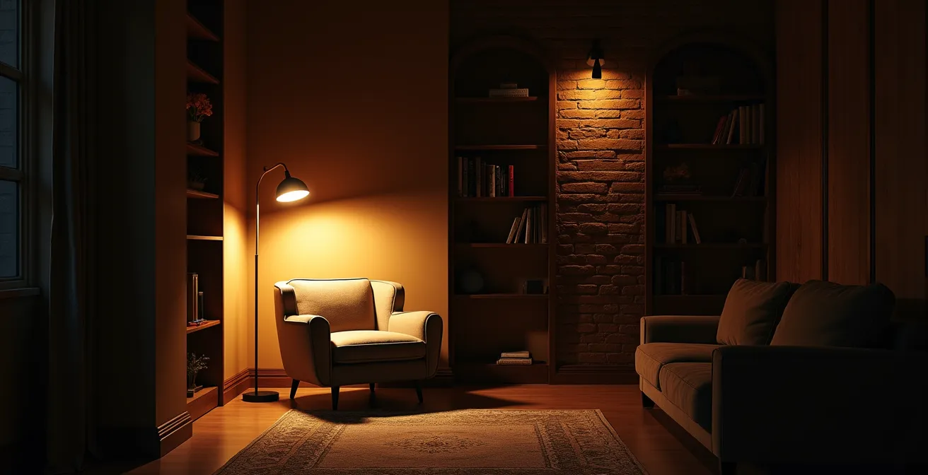 Dramatic interior space with pools of warm light contrasting with intentional shadow zones