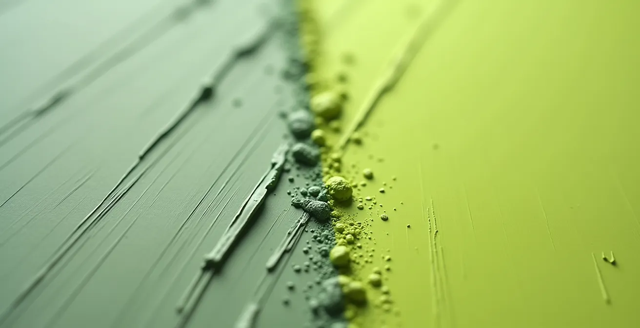 A split-screen macro shot comparing the soft, diffuse texture of muted sage green paint with the flat, visually vibrating texture of high-saturation lime green.