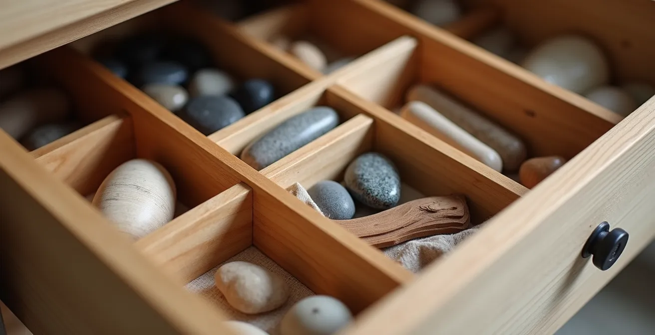 Close-up view of neatly organized drawer with dividers and minimal items