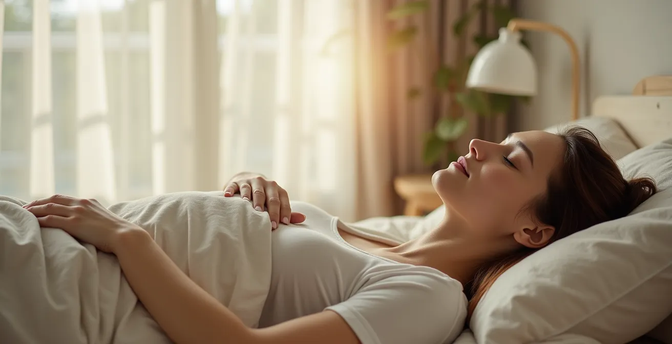 A minimalist bedroom corner with subtle sound elements creating a peaceful atmosphere