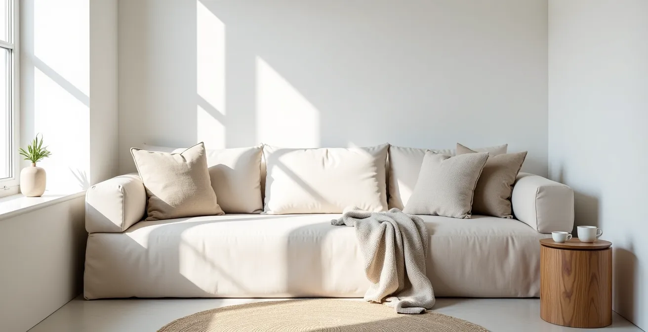 A clean, organized seating area demonstrating the functional three-pillow arrangement without visual clutter