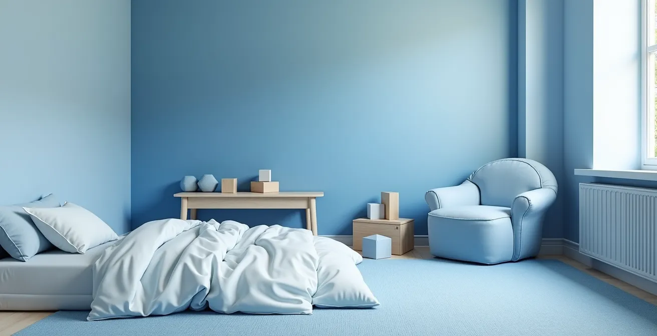 Child's room showing a monochromatic blue gradient from light to dark, creating functional and soothing zones for sleep, play, and reading.