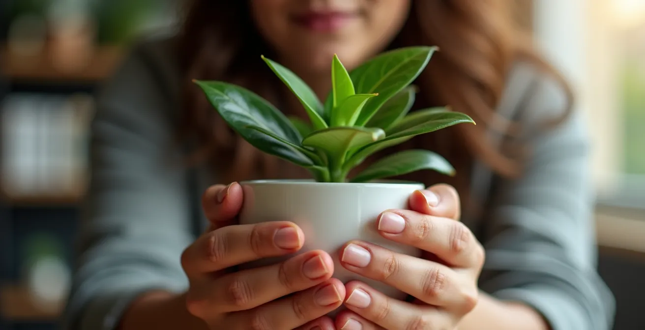 Close-up of hands gently touching plant leaves during a mindful work break