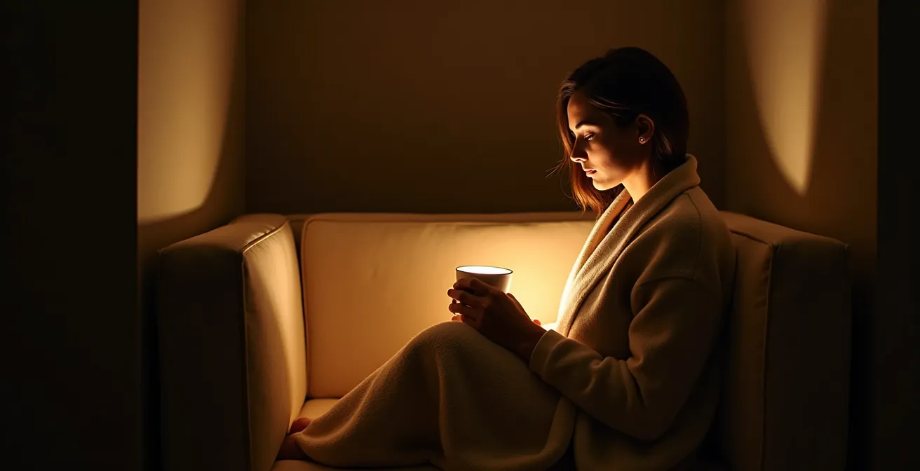A person relaxing in a protected corner space with soft lighting, demonstrating the psychological comfort of enclosed spaces