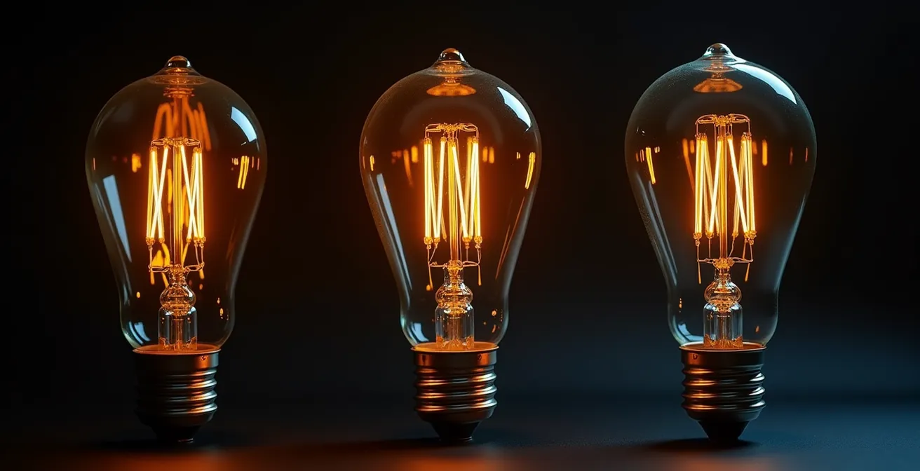 Close-up macro view of different color temperature light bulbs arranged vertically showing a warm to cool gradient