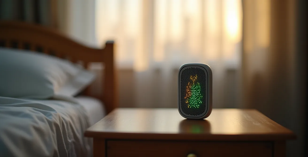 Macro view of air quality sensors showing VOC concentration patterns in a bedroom at night.