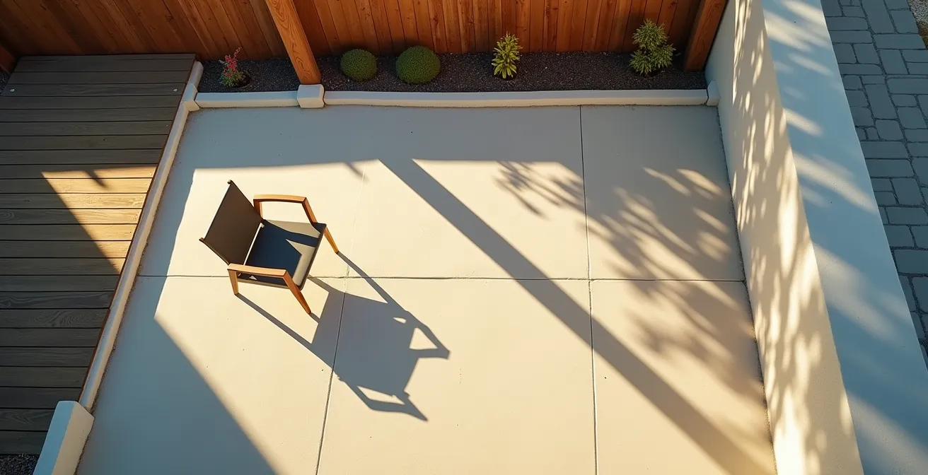 Aerial view of a patio showing the optimal placement of a chair in a bright patch of winter sun, considering solar angles and shadows.