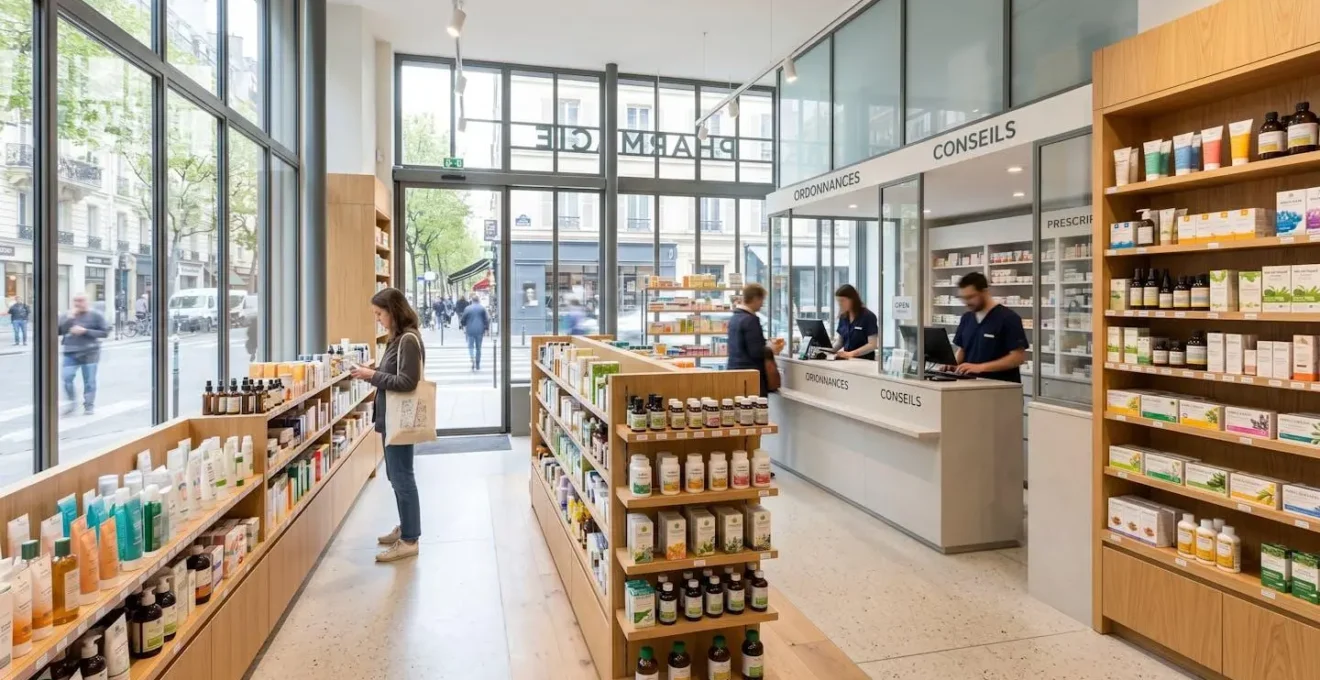 Bright contemporary French pharmacy interior with clean wooden shelves displaying organized rows of natural health products, essential oil bottles, and organic supplements under abundant natural window lighting