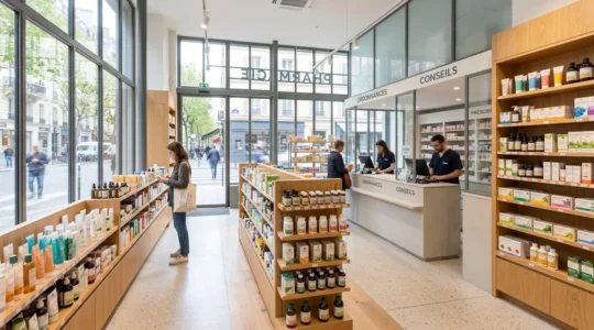 Bright contemporary French pharmacy interior with clean wooden shelves displaying organized rows of natural health products, essential oil bottles, and organic supplements under abundant natural window lighting