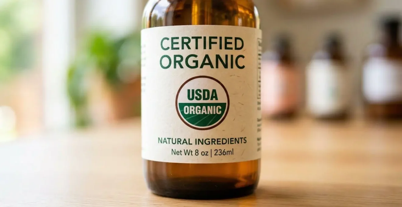 Extreme close-up macro photograph of an organic certification label on a natural health product bottle showing crisp texture detail with shallow depth of field and soft bokeh background
