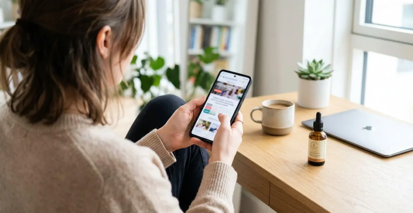 Over-the-shoulder view of hands holding a smartphone checking an official pharmacy registration website, sitting at a clean modern desk with a natural product bottle visible in the background