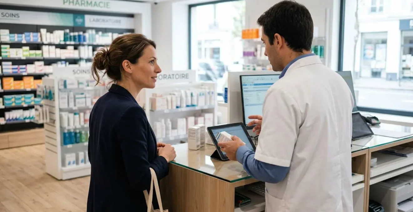 Professional consultation scene in modern French pharmacy showing pharmacist in white coat from behind discussing natural product information with customer visible in side profile under natural lighting