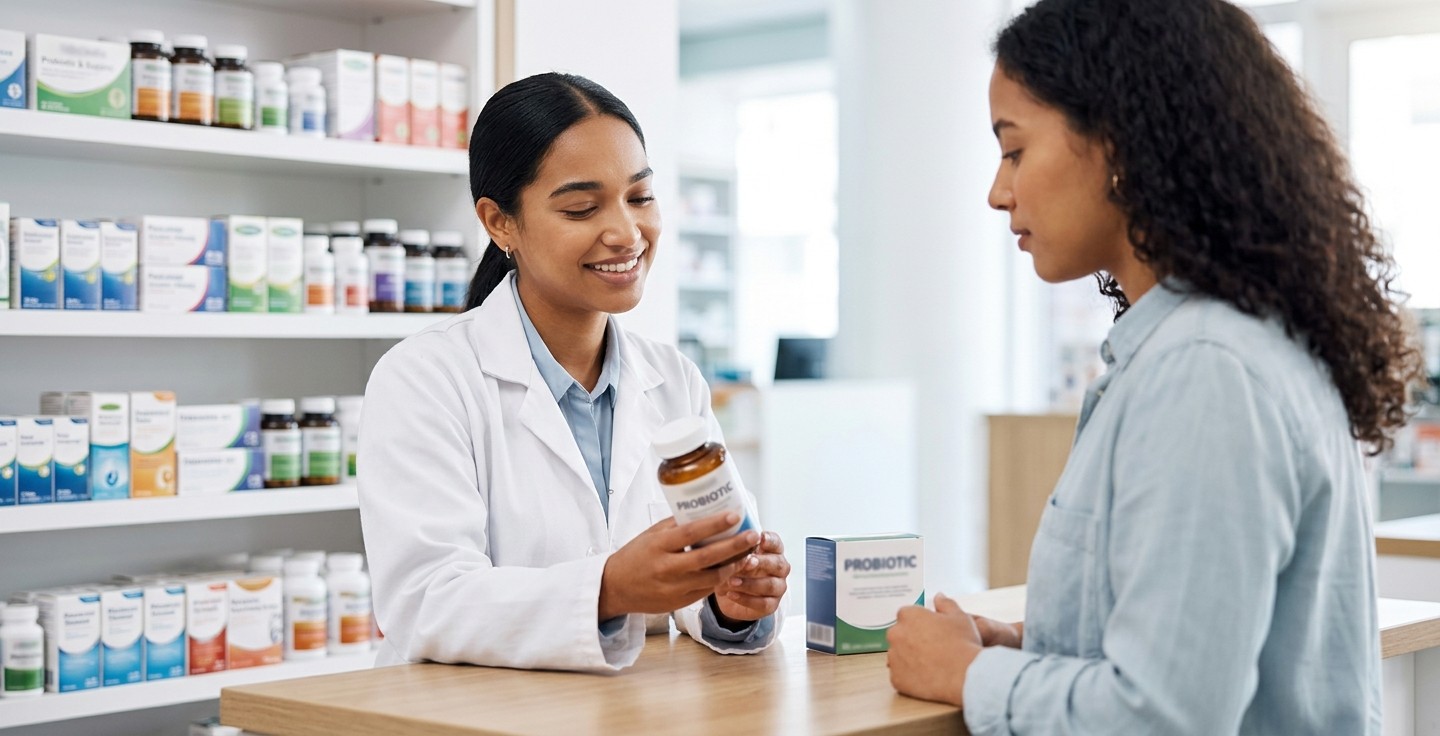 Pharmacist consulting with patient about probiotic supplements at a pharmacy counter
