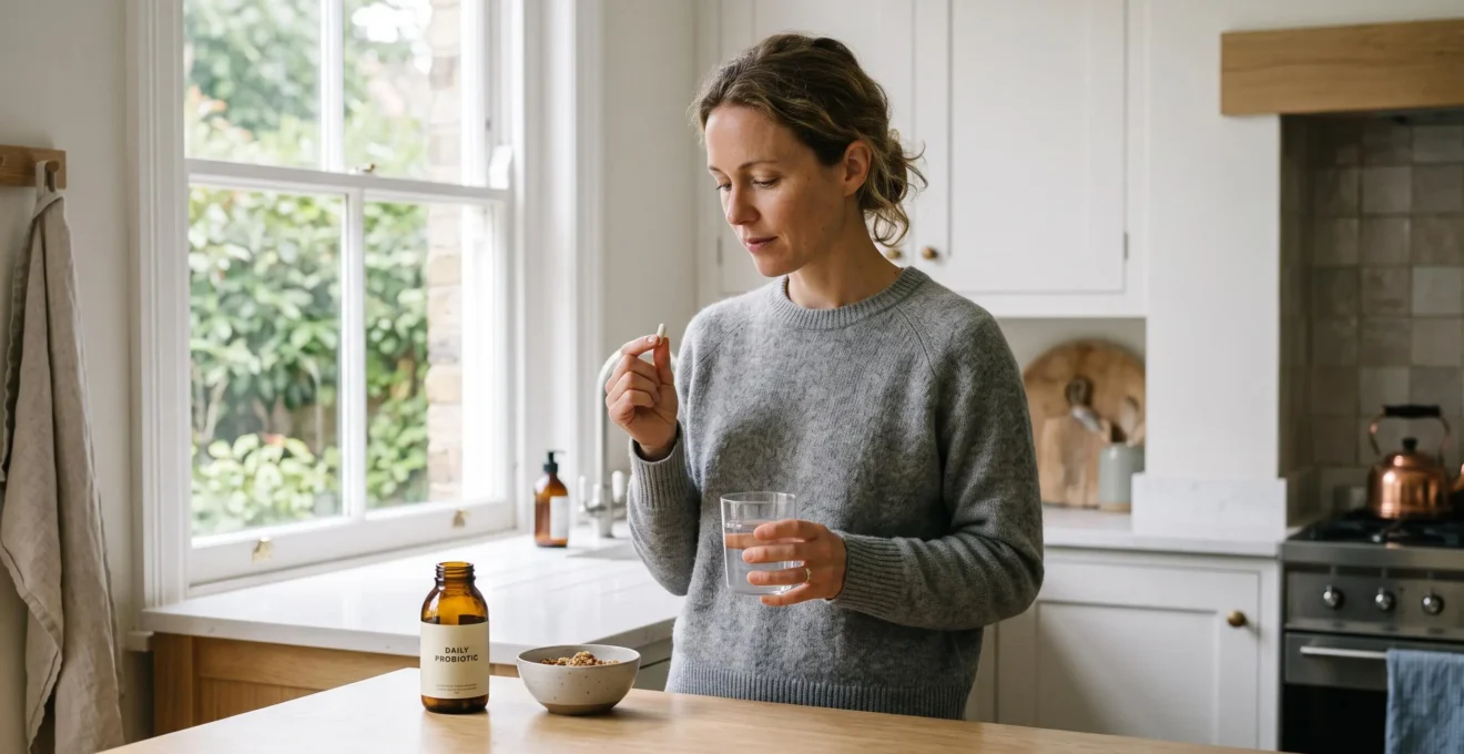 Person taking a probiotic capsule with water in a domestic kitchen setting